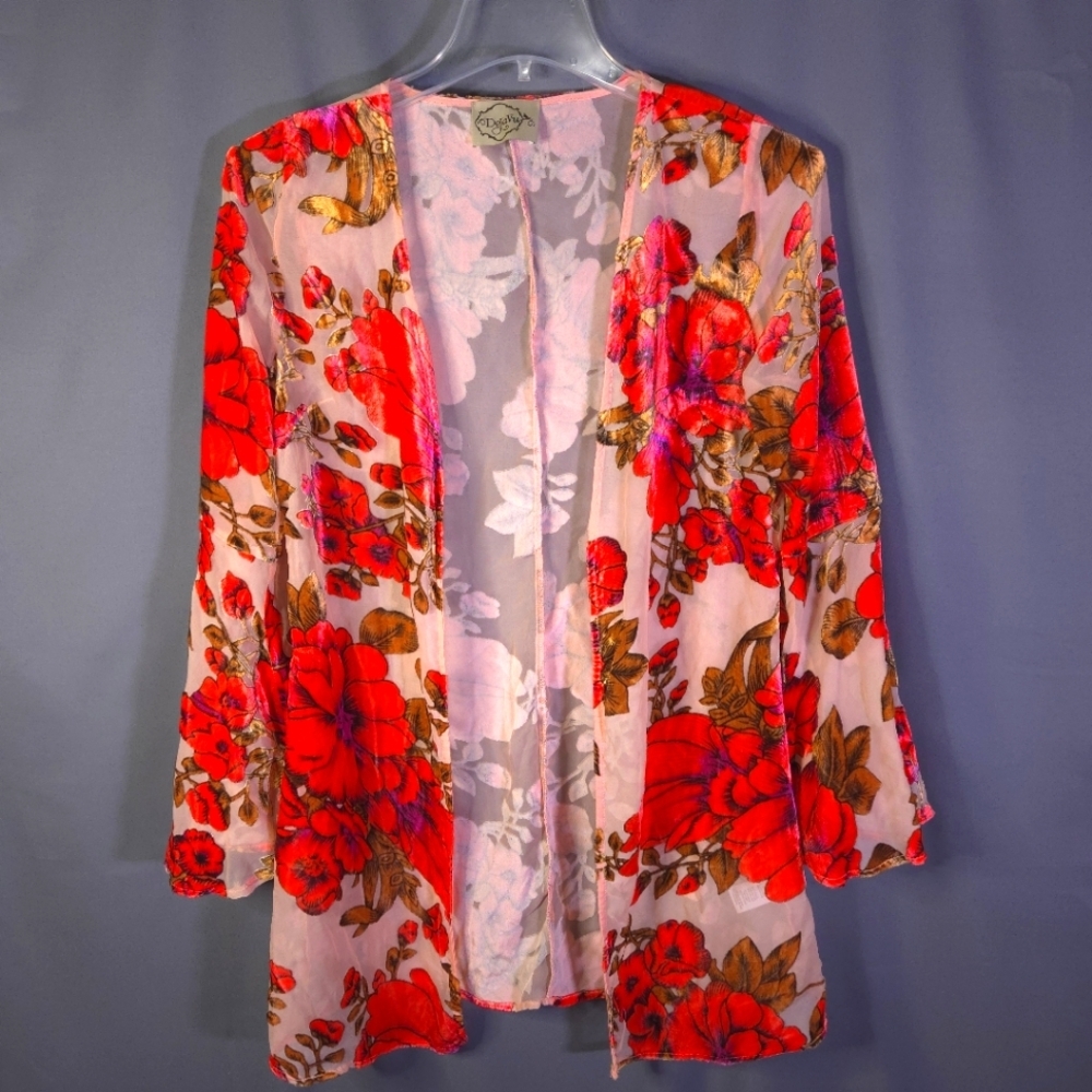 DejaVu Velvet‎ Burnout Kimono Cardigan Size Medium Floral Bell Sleeve